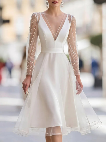 Pearl-Embellished Sheer Tulle Sleeve A-Line Midi Dress