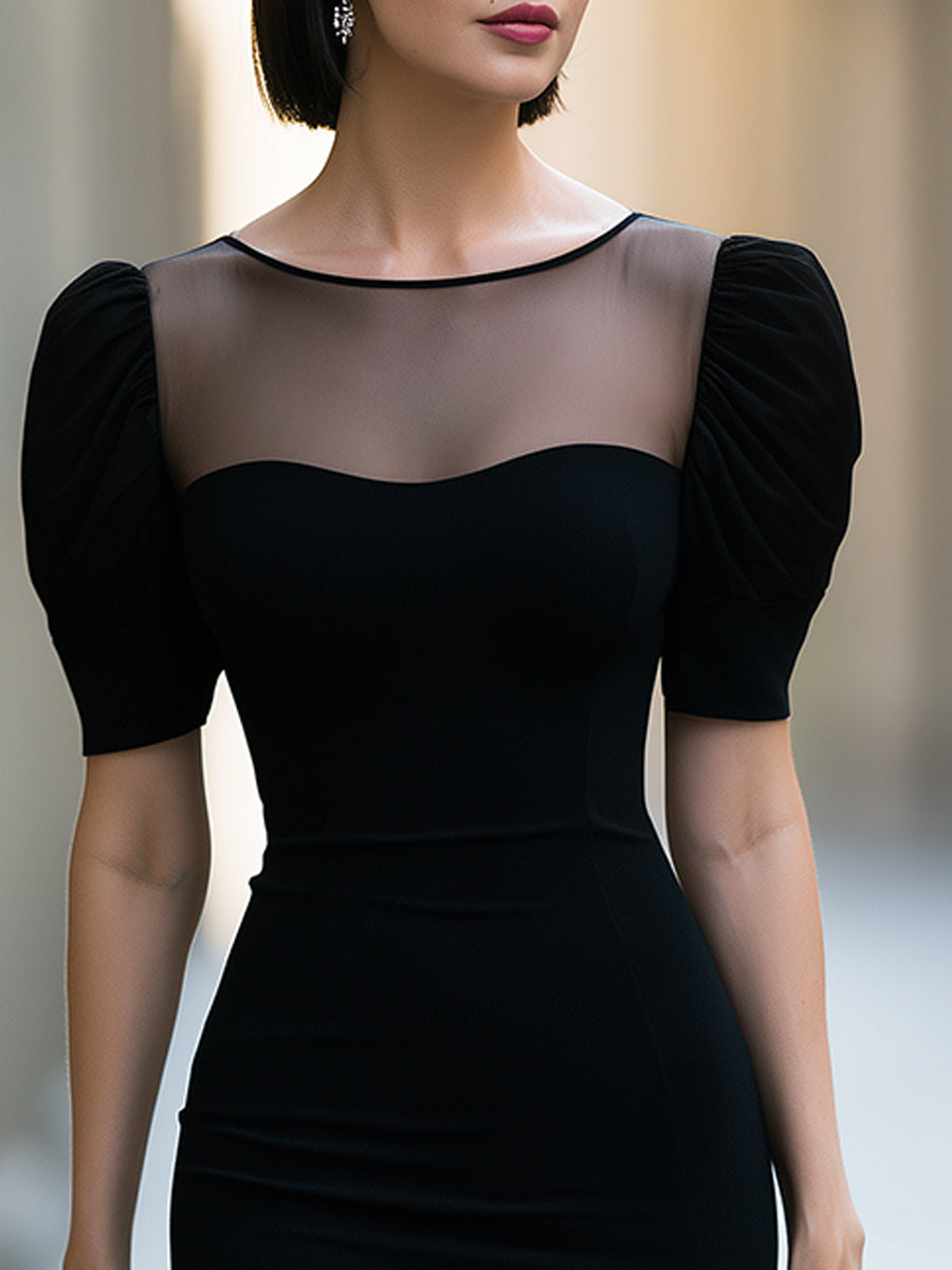 Sheer Mesh Puff Sleeve Bodycon Midi Dress