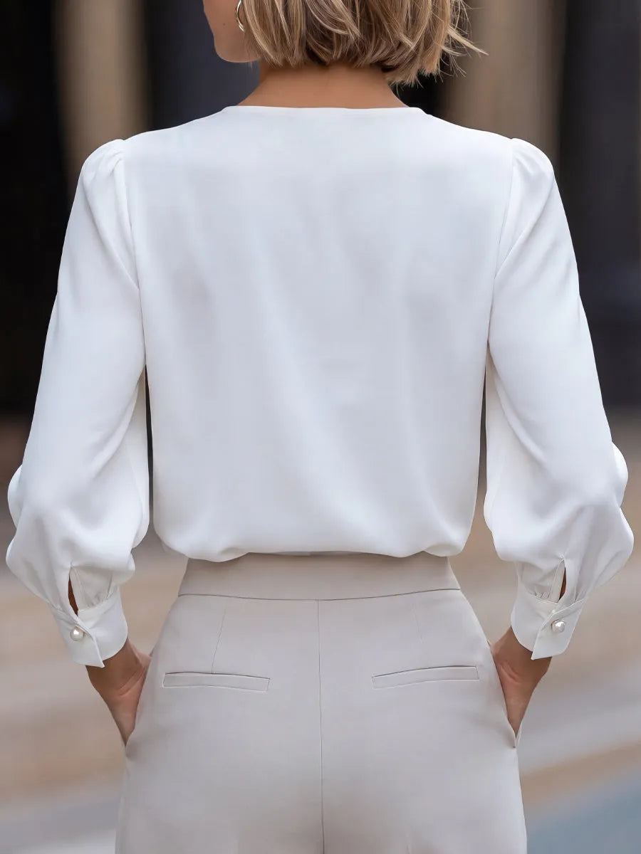 Elegant Draped V-Neck Long Sleeve Blouse