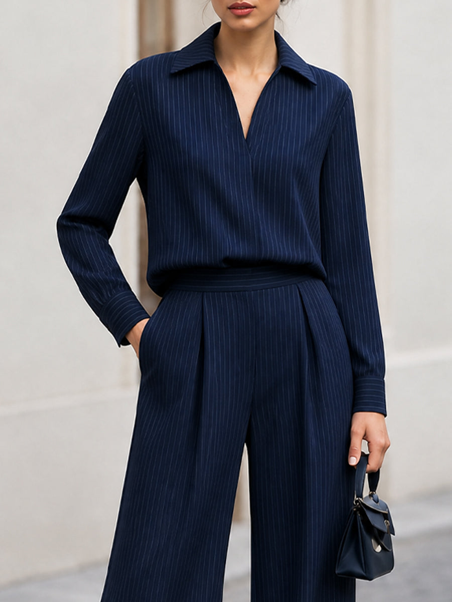 Collared V-Neck Shirt & High Waist Pleated Wide Leg Pants Two-Piece Suit