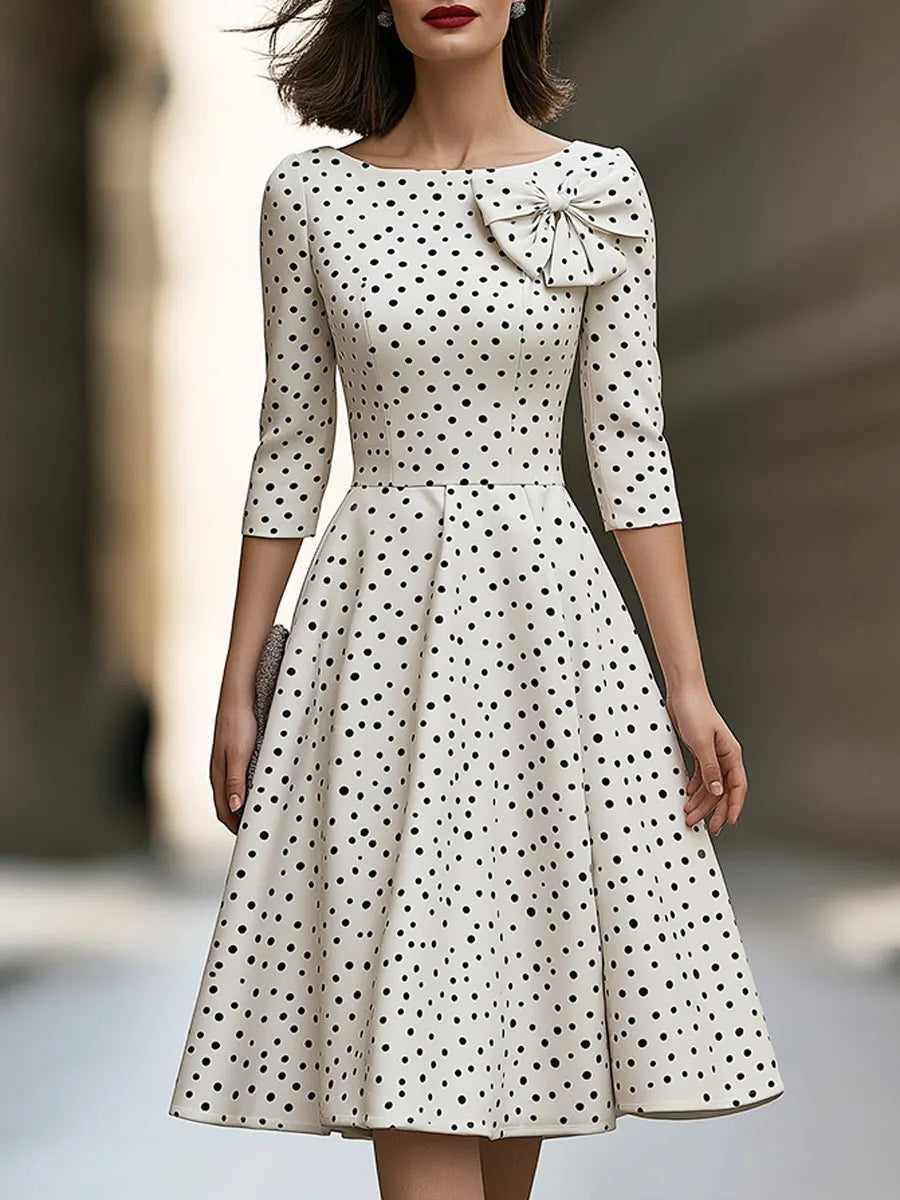 Elegant Polka Dot Bow Detail A-Line Midi Dress