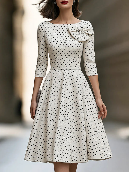 Elegant Polka Dot Bow Detail A-Line Midi Dress