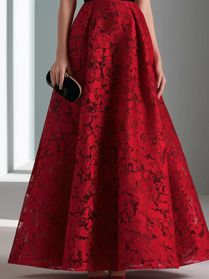 Contrast Waist Floral Lace A-Line Evening Gown