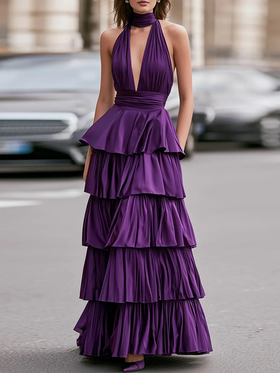 High Neck Halter Plunging V Bodice Ruched Waist Cascading Ruffle Tiered Long Dress