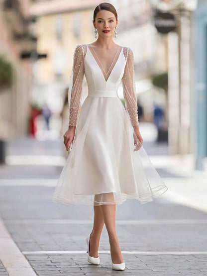 Pearl-Embellished Sheer Tulle Sleeve A-Line Midi Dress