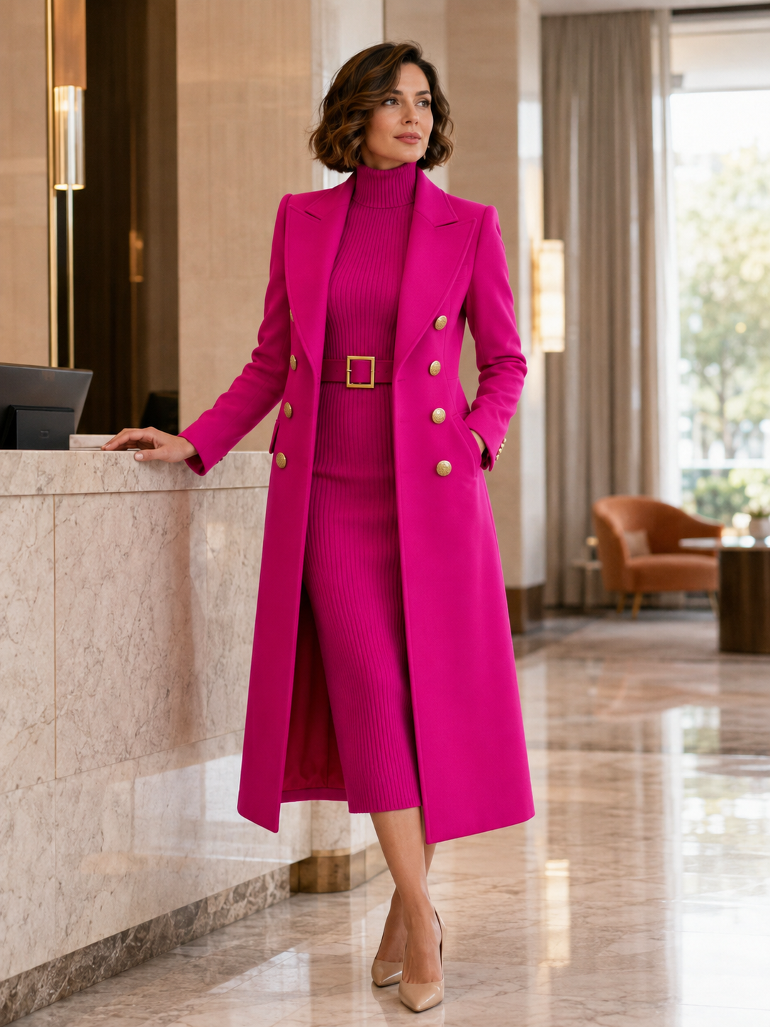 Double-Breasted Maxi Coat And Belted Knit Midi Dress Set