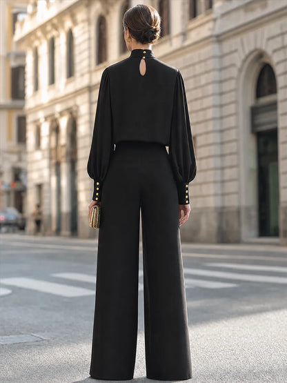 High-Neck Blouson Top And Wide-Leg Pants Set
