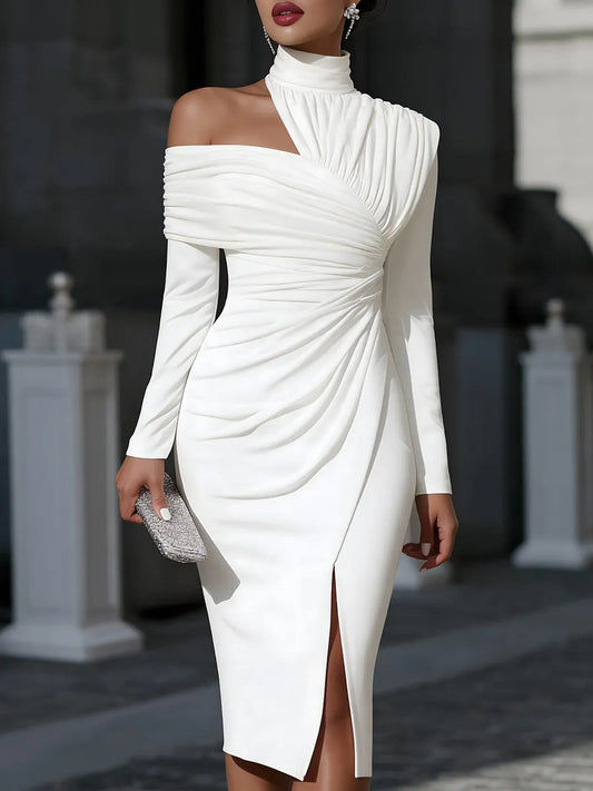 Asymmetric Draped High-Neck One-Shoulder Evening Dress