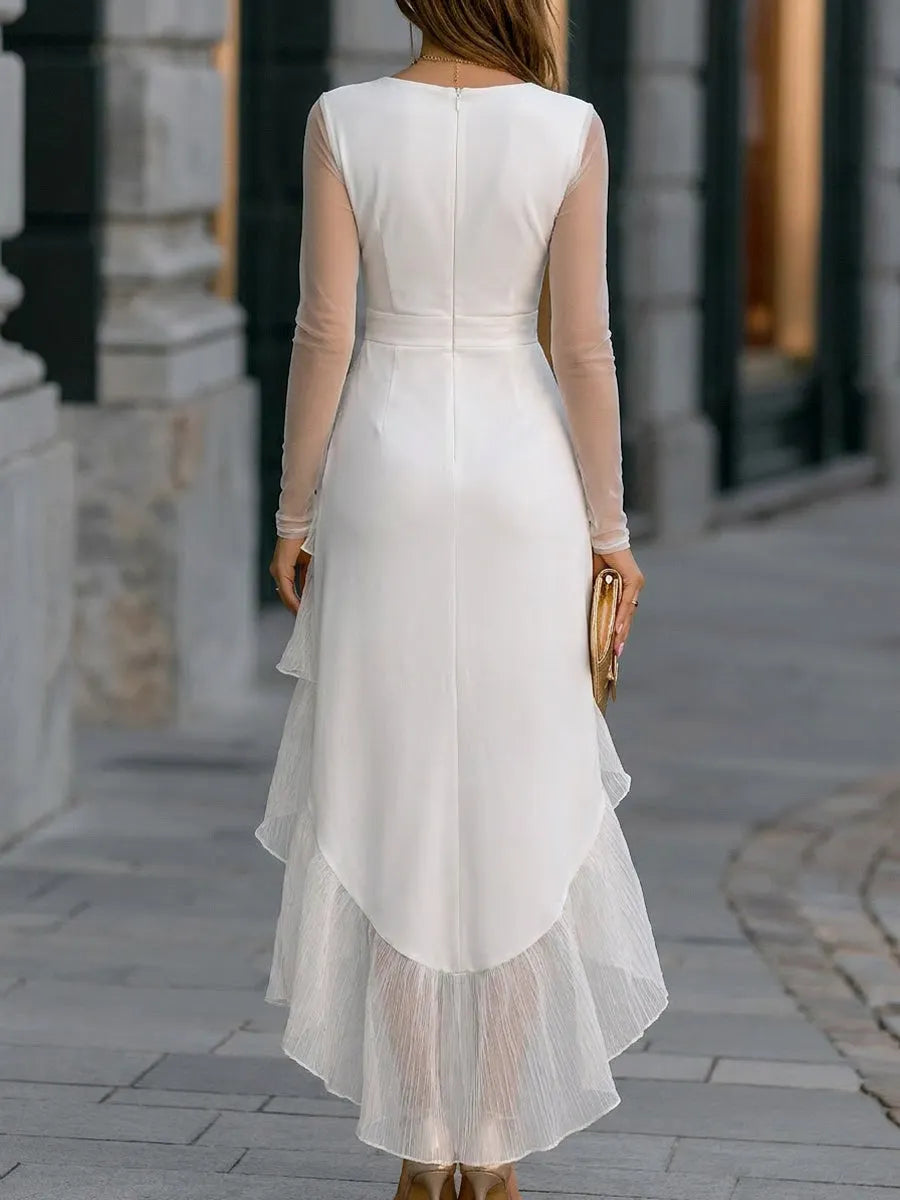 Sheer Sleeves Layered Pleated High-Low Maxi Dress