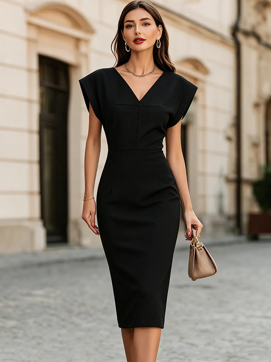 Structured V-Neck Cap Sleeve Pencil Midi Dress