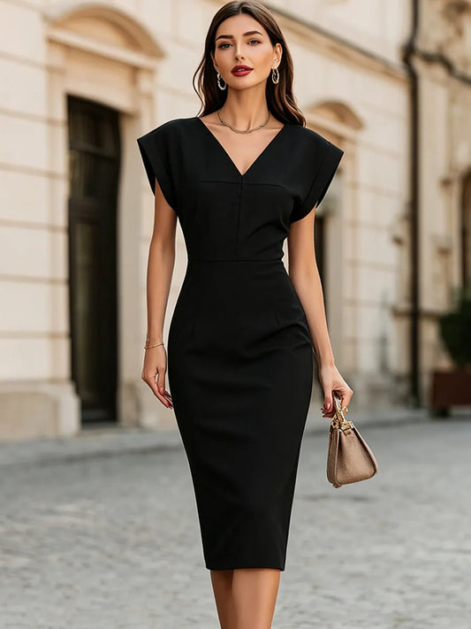 Structured V-Neck Cap Sleeve Pencil Midi Dress