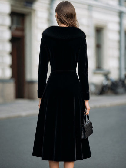 Velvet Faux-Fur Collar Midi Dress