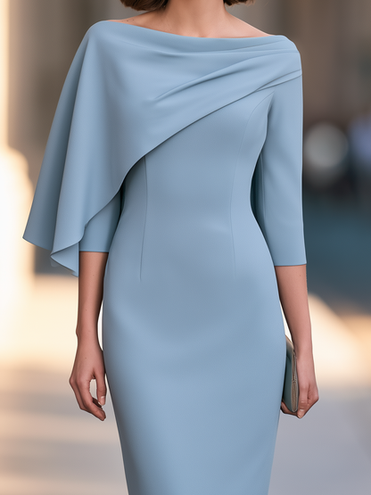 Boat-Neck Draped Cape Sleeve Midi Dress