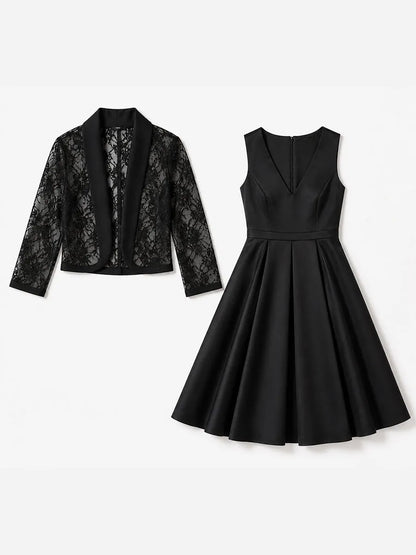 Satin V-Neck Midi Dress & Lace Sleeve Blazer Two-Piece Set
