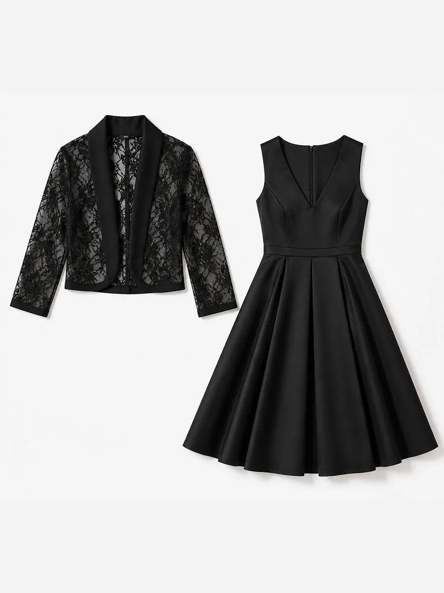 Satin V-Neck Midi Dress & Lace Sleeve Blazer Two-Piece Set