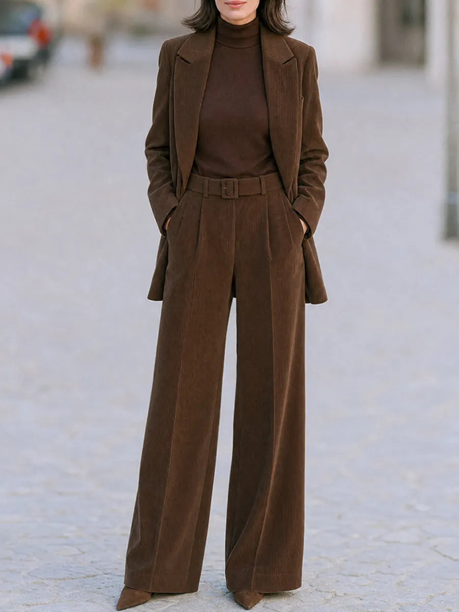 Elegant Corduroy Tailored Blazer And Wide Leg Pants Suit Set