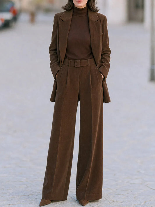 Elegant Corduroy Tailored Blazer And Wide Leg Pants Suit Set