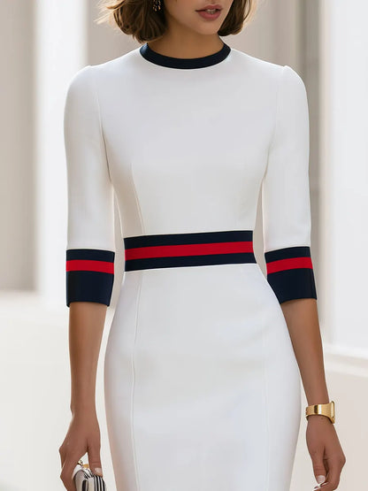 Contrast Stripe Crew Neck 3/4 Sleeve Bodycon Midi Dress