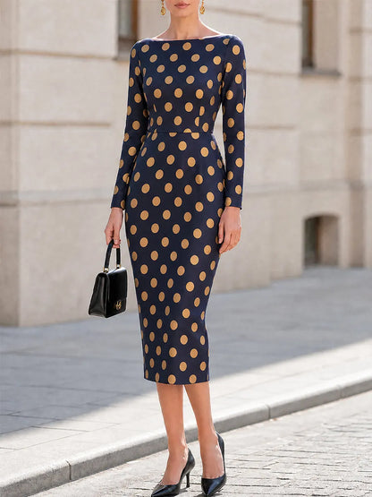 Boat‐Neck Polka‐Dot Long‐Sleeve Pencil Midi Dress