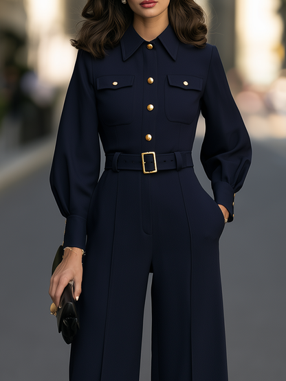 Belted Button-Front Wide-Leg Jumpsuit With Balloon Sleeves