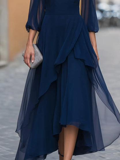 Chiffon Square Neck High-Low A-Line Midi Dress