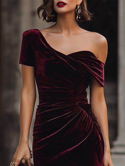 Midnight Asymmetrical Velvet Midi Dress