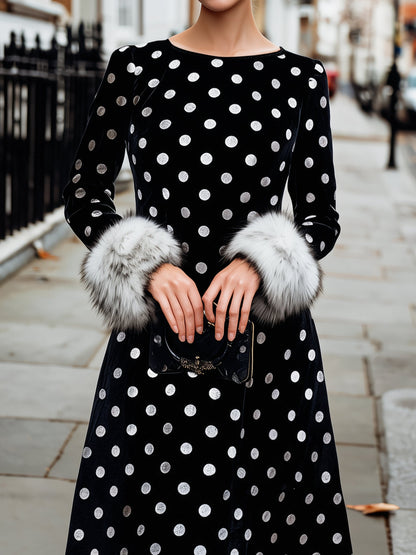 Polka Dot Velvet Fur-Cuff Maxi Dress