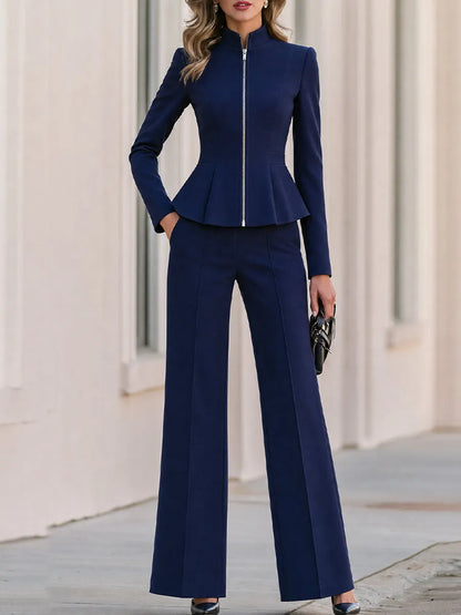 Stand Collar Zip Front Peplum Blazer & High Waist Wide Leg Pants Two-Piece Suit