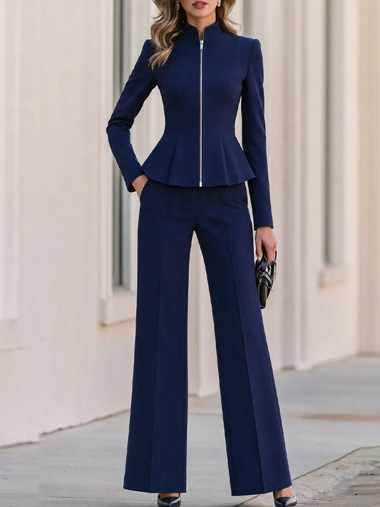Stand Collar Zip Front Peplum Blazer & High Waist Wide Leg Pants Two-Piece Suit