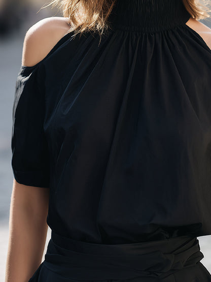 Cold-Shoulder Smocked Mock Neck Blouse