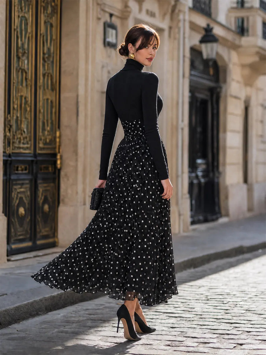 Turtleneck Top And Polka Dot Pleated Maxi Skirt Set