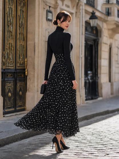 Turtleneck Top And Polka Dot Pleated Maxi Skirt Set
