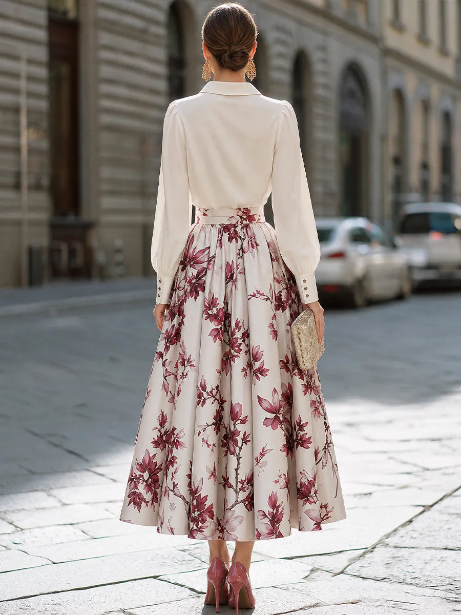 Collared Button-Front Blouse And Floral Full Midi Skirt Set