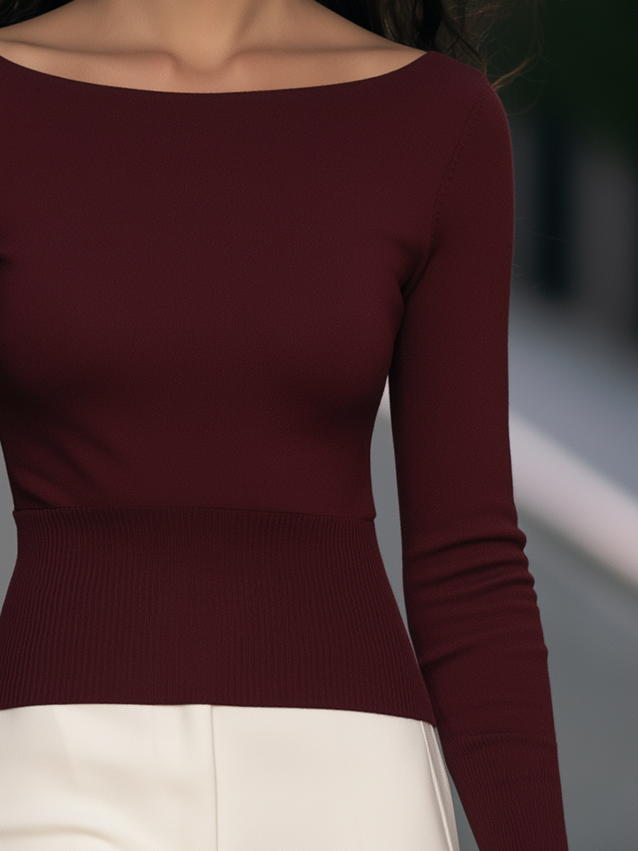 Boat-Neck Ribbed-Waist Long-Sleeve Knit Top