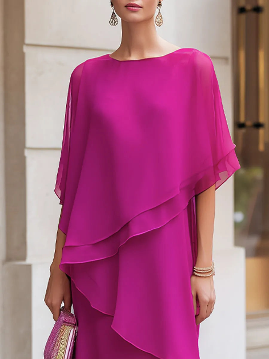 Asymmetric Tiered Chiffon Overlay Cape Maxi Dress