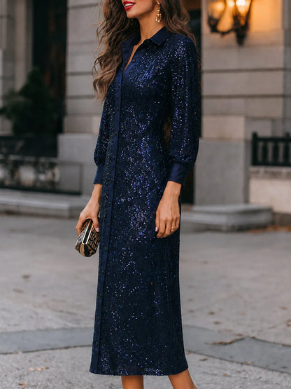 Navy Sequin Long Sleeve Button-Up Shirt Midi Dress