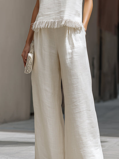 Sleeveless Textured Top And Wide-Leg Pants Set With Frayed Hem Detail
