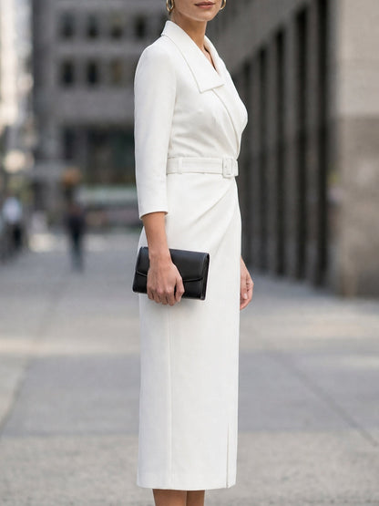Belted Wrap Front Blazer Midi Dress With Notched Lapel