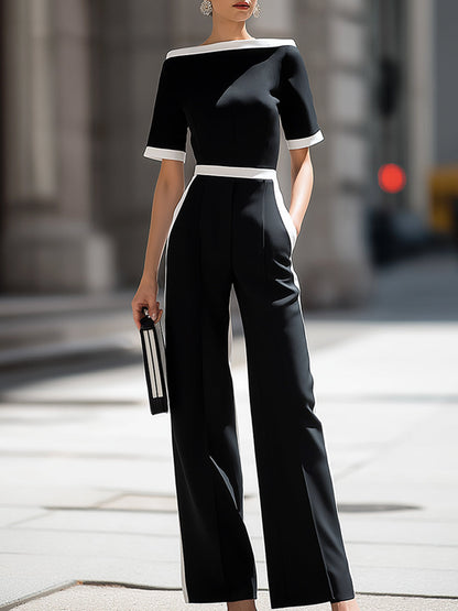 Off-Shoulder Contrast Trim Tailored Wide-Leg Jumpsuit
