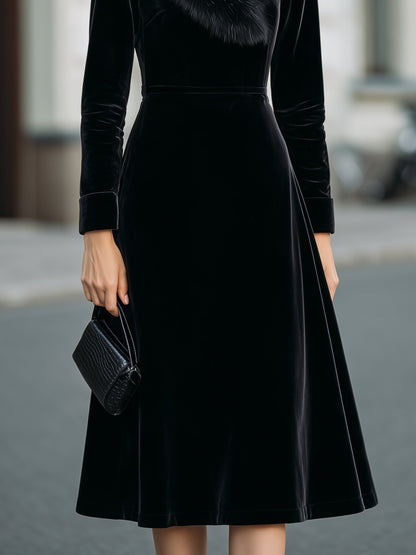 Velvet Faux-Fur Collar Midi Dress