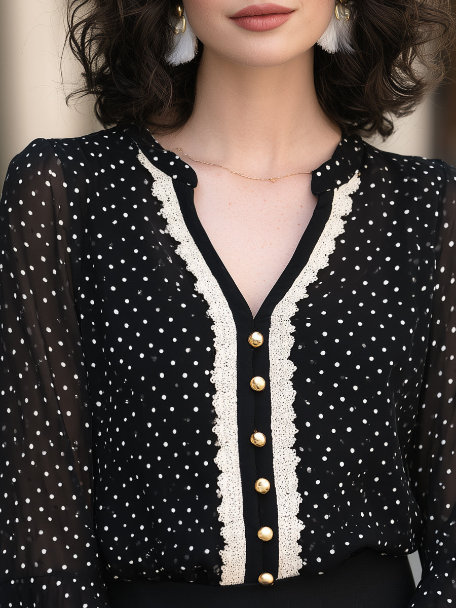 Flared Cuffs Polka Dot Chiffon Lace Trim Blouse