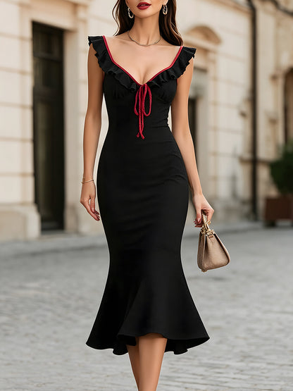 Ruffle Trim Tie-Front Fitted Mermaid Midi Dress