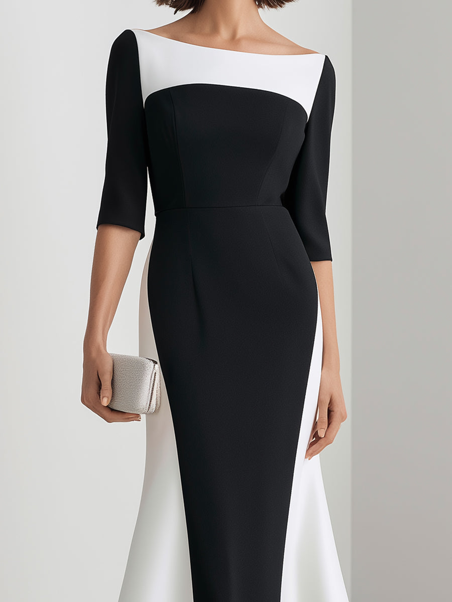Colorblock Bateau Neck Mermaid Evening Gown
