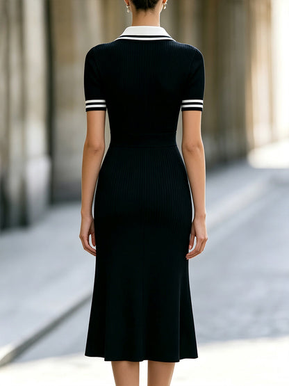 Elegant Contrast Collar Ribbed Knit Midi Dress