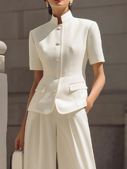 Mandarin-Collar Short-Sleeve Tailored Blazer & High-Waisted Wide-Leg Cropped Trousers Two-Piece Suit