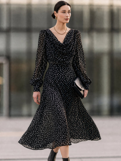 Polka Dot Cowl Neck Long Sleeve Midi Chiffon Dress