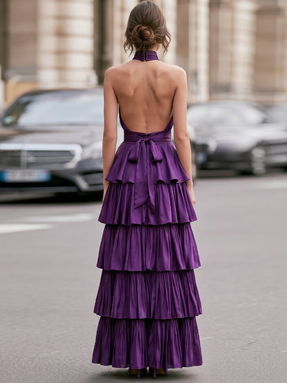 High Neck Halter Plunging V Bodice Ruched Waist Cascading Ruffle Tiered Long Dress
