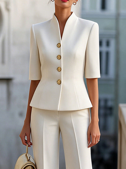 Stand Collar Short-Sleeve Tailored Jacket & Wide-Leg Trousers Two-Piece Set