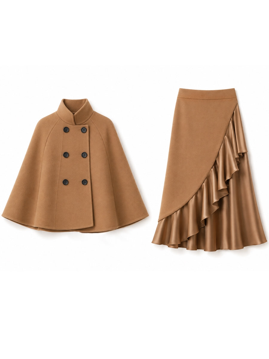 Stand Collar Cape Coat And Ruffle Skirt Set