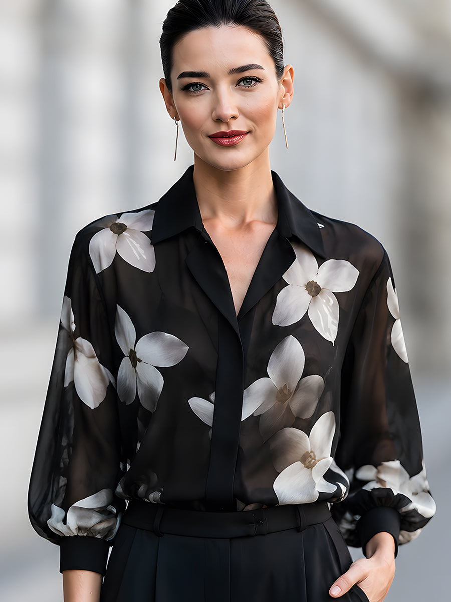Elegant Black Sheer Floral Print Chiffon Blouse